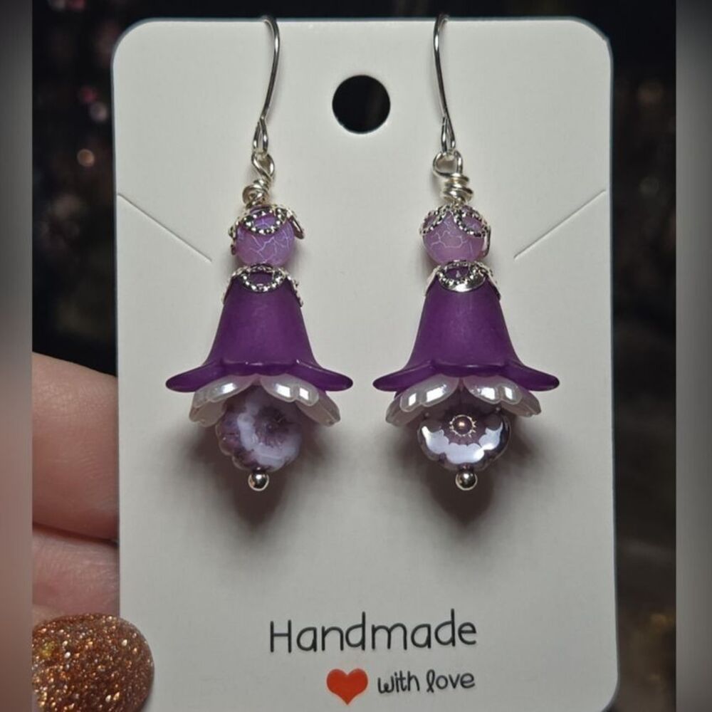 HANDMADE Grape Agate Czech Glass Purple Fairy Flower Earrings